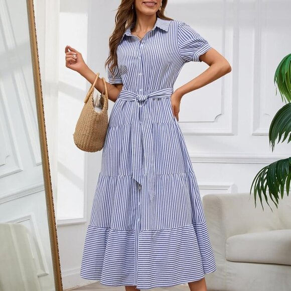Womens Casual Short Sleeve Button Down Tie Waist Ruffled Striped Maxi Shirt Dres - Picture 5 of 7